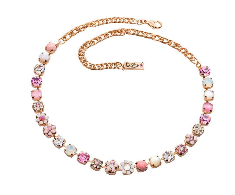 Classic Necklace combined round elements of flowers set with sparkling Swarovski crystals and Semi-Precious stones.
24k Rose gold plated