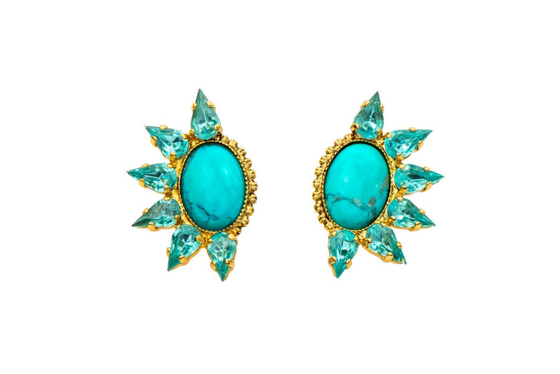 Cool earrings set with sparkling Swarovski crystals and Semi-Precious stones, Yellow gold plated.