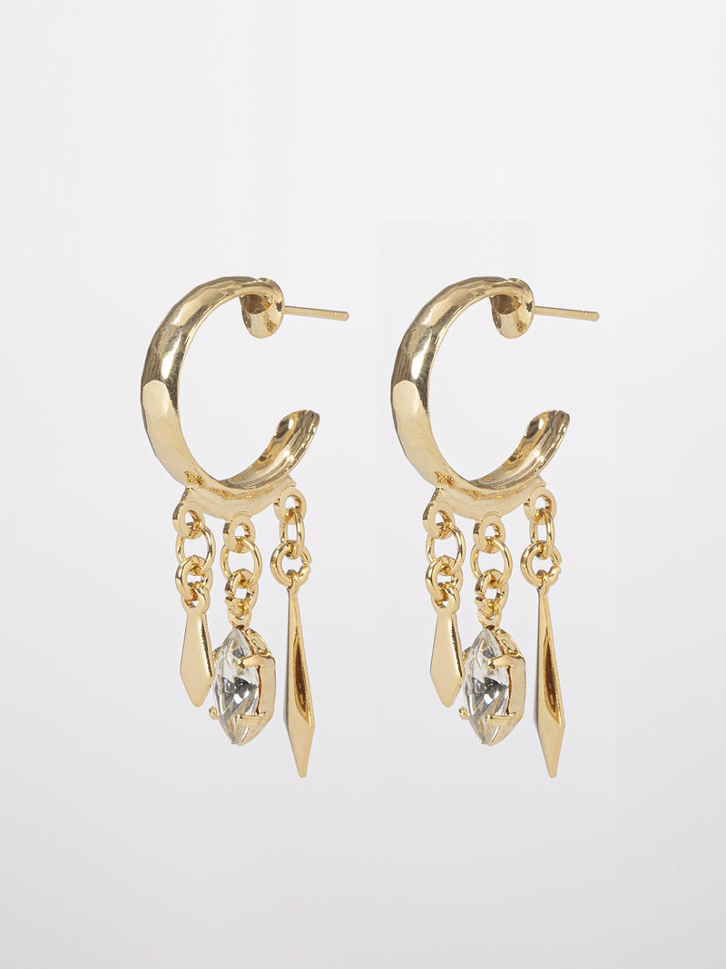 Ray earrings- pair of hoop earrings, decorated with metal and crystals pendants.
 24K  yellow gold plated.