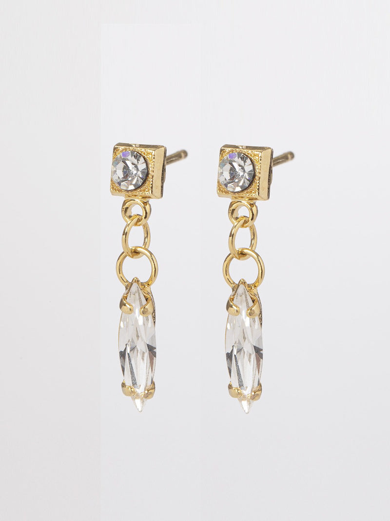 Sally earrings- classic and fine pair of earrings with a square top set with a tiny crystal stone and a marquise dangling crystal. 24k yellow gold plated.